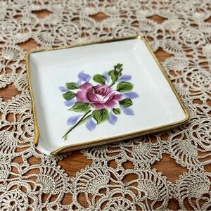 Vintage Ceramic Floral Gold Trim Square Mini Personal Ash Tray Trinket Dish